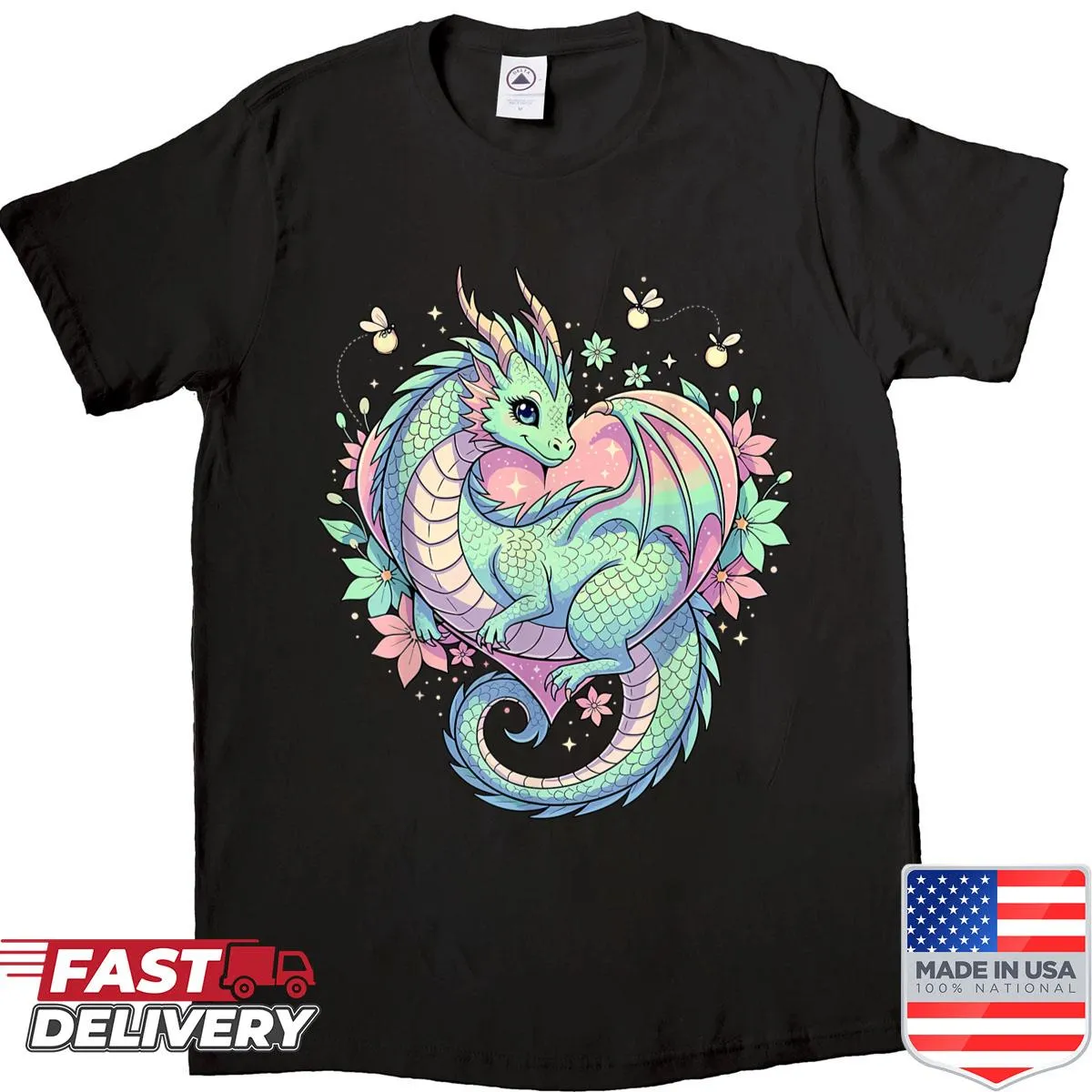 Shirt featuring a cute dragon surrounded by heart-shaped flowers
