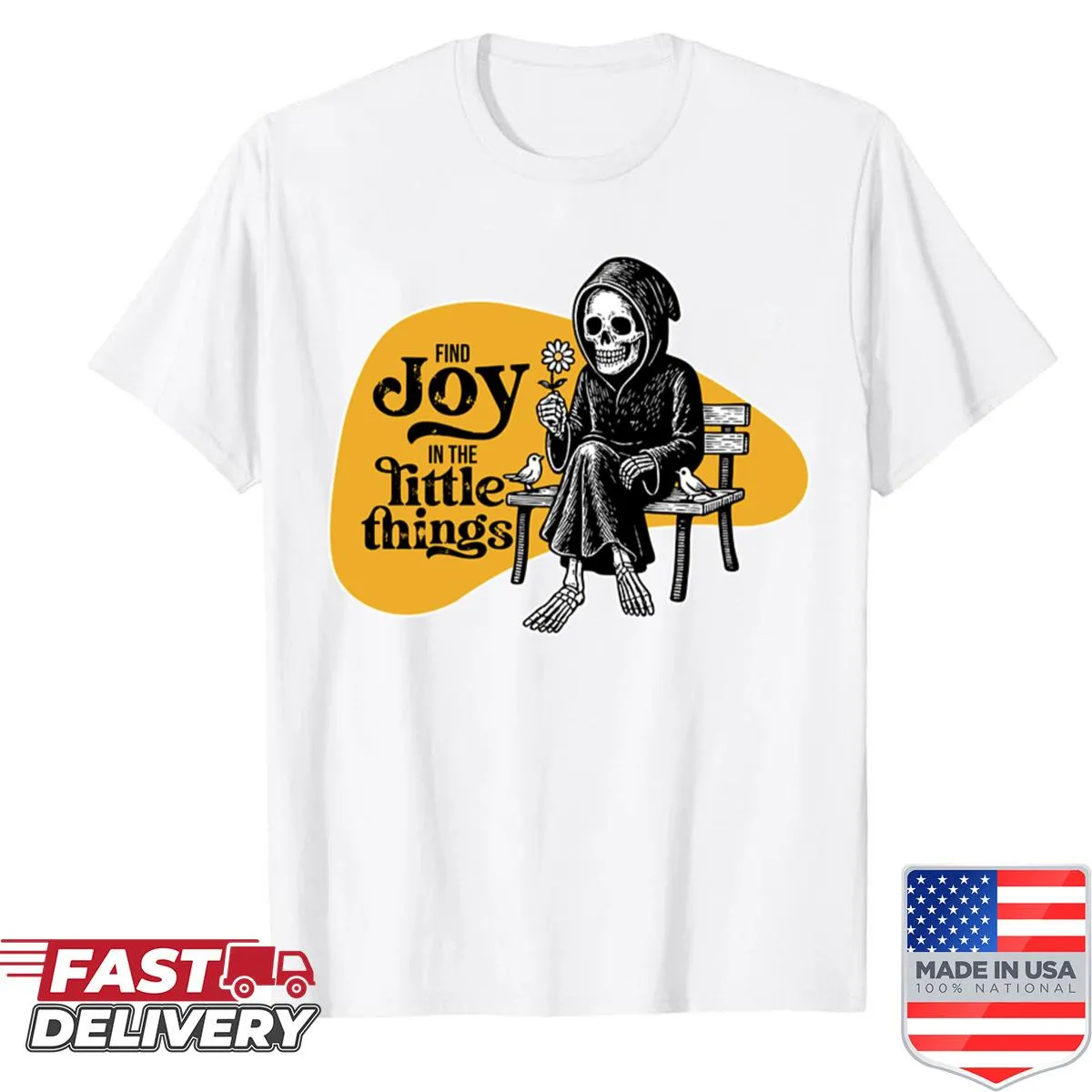 Whimsical Grim Reaper graphic with the phrase about finding joy