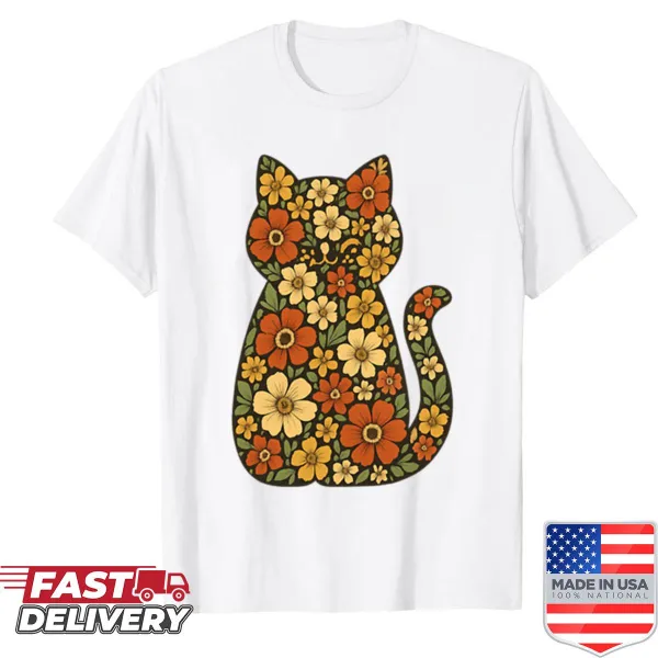 Oversized floral cat silhouette shirt in retro style