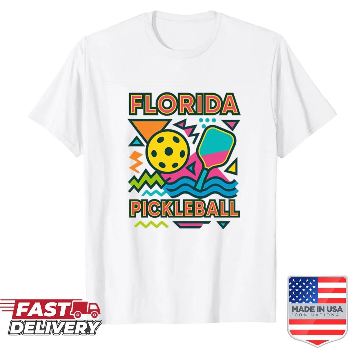 Retro 90s geometric design pickleball t-shirt.