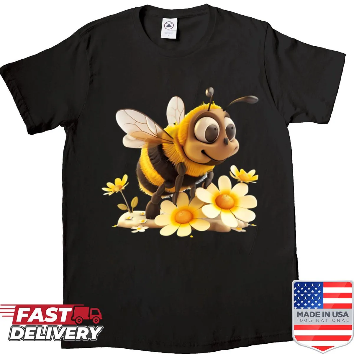 Illustrated shirt featuring a fox, bees, and flowers