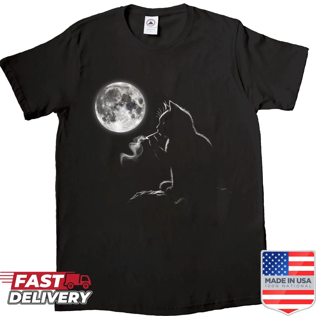 Smoking cat design with a moon, perfect for cat lovers and Halloween.