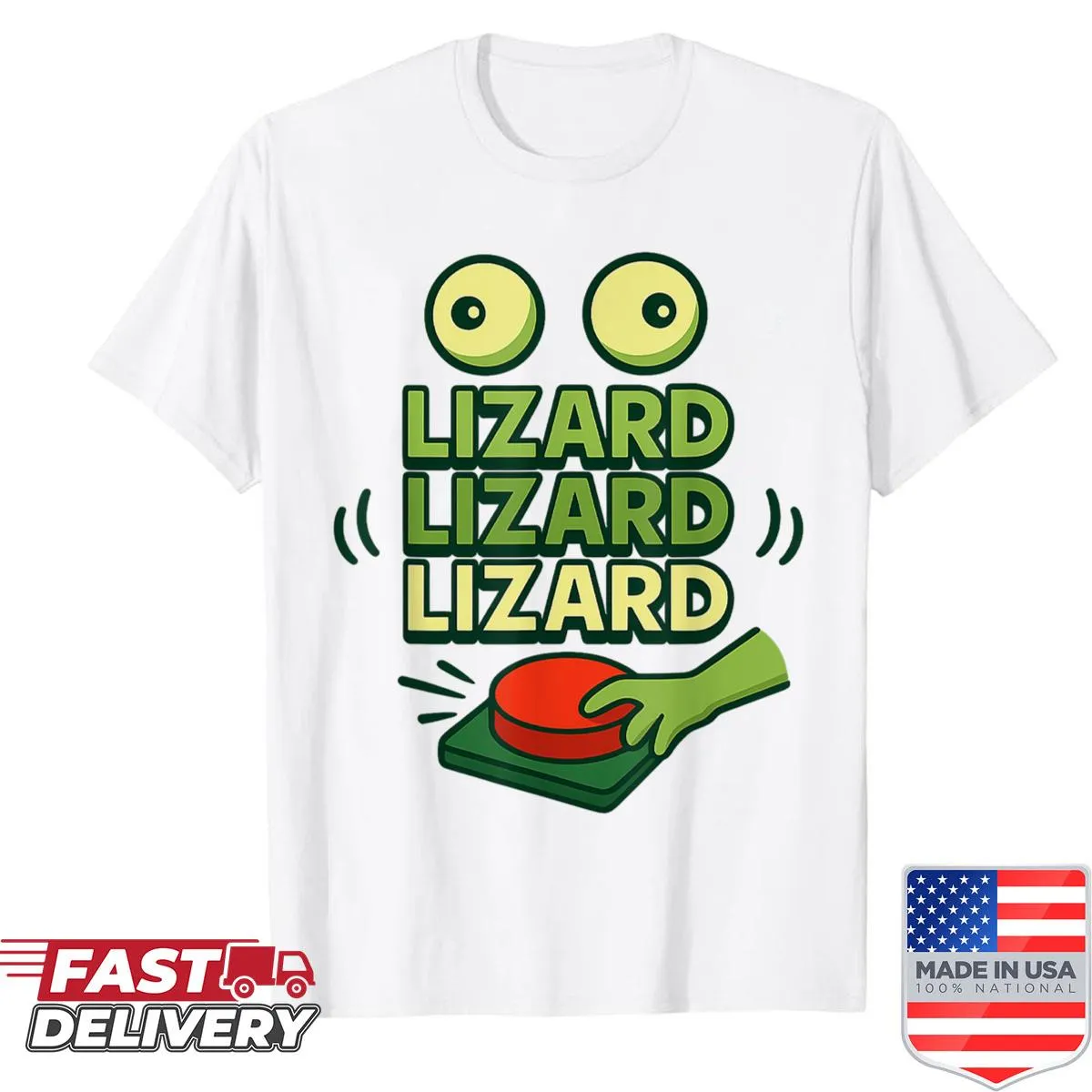 Cartoon green lizard design with meme reference on a shirt