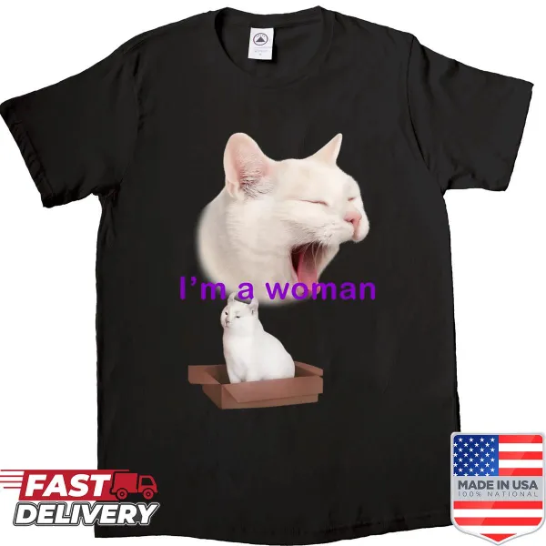 Meme shirt with cat illustration saying I'm a woman