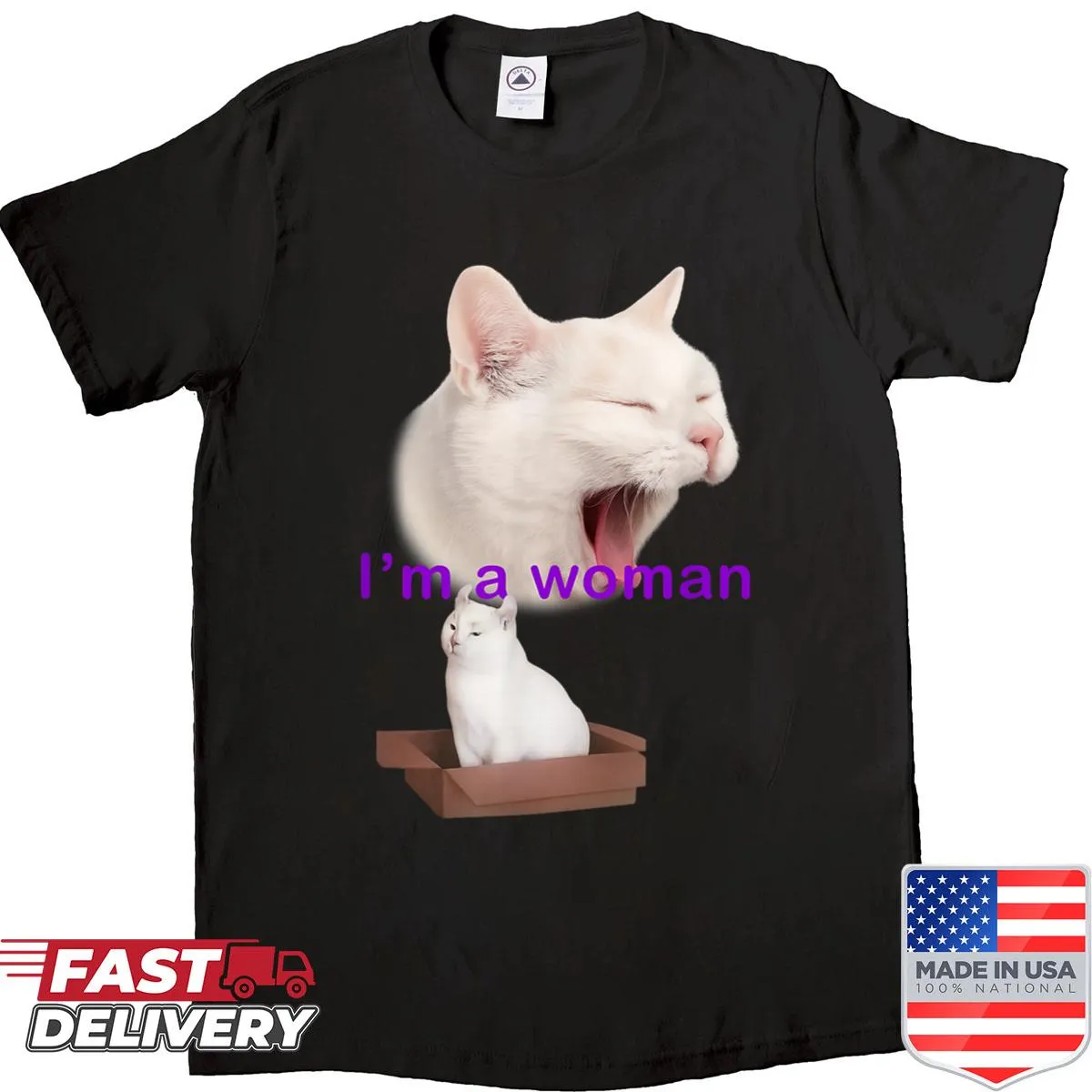 Meme shirt with cat illustration saying I'm a woman