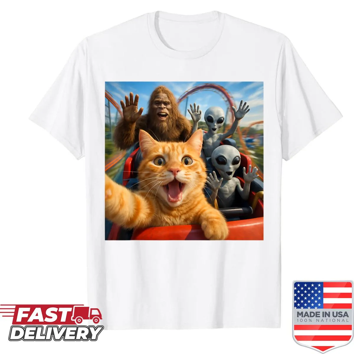 Funny cat selfie with Bigfoot and roller coaster design