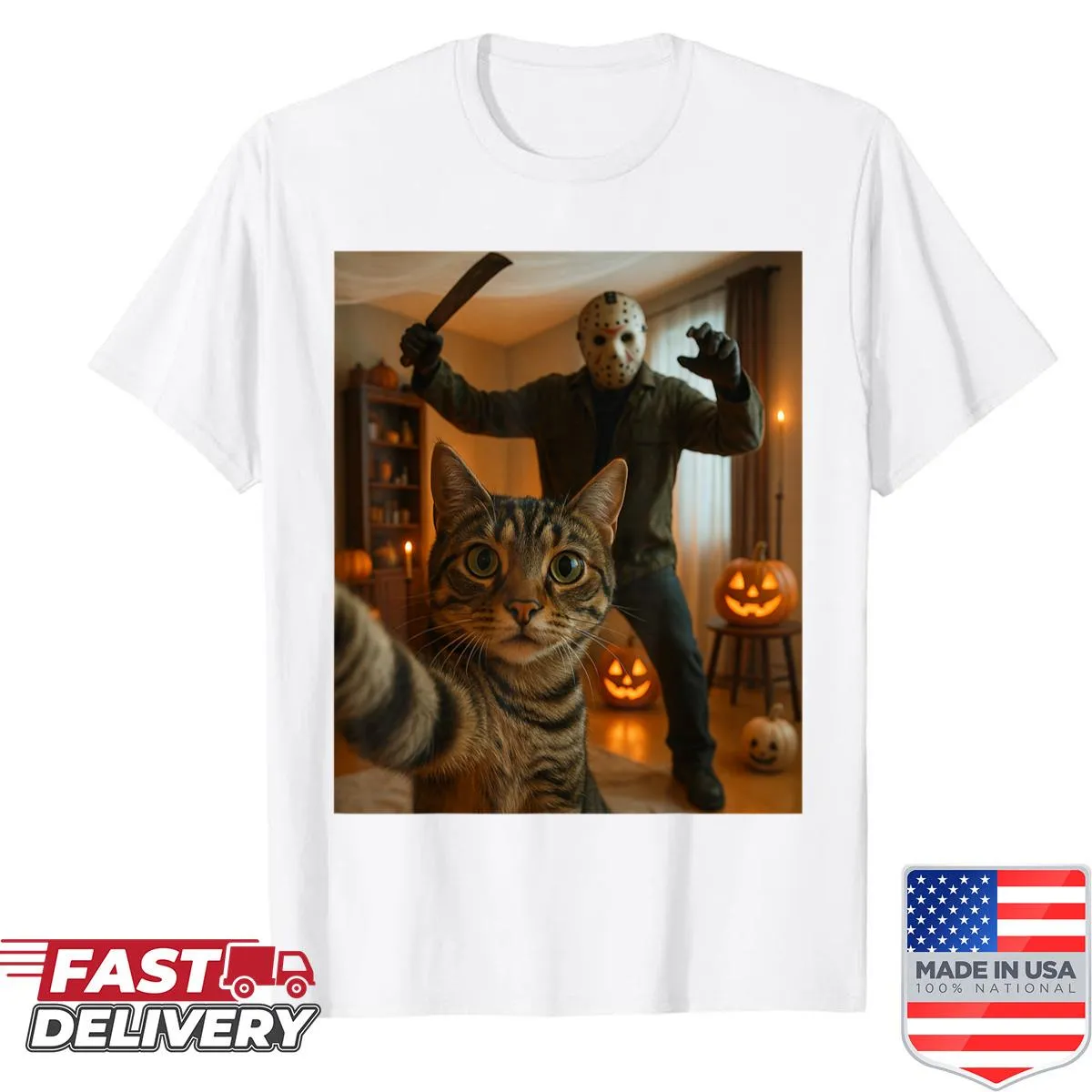 Funny Halloween shirt featuring a cat and a skeleton selfie