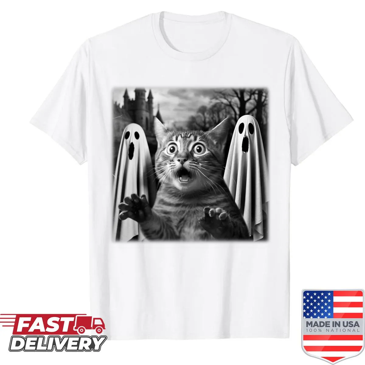 Cat taking a selfie with a spooky ghost Halloween shirt