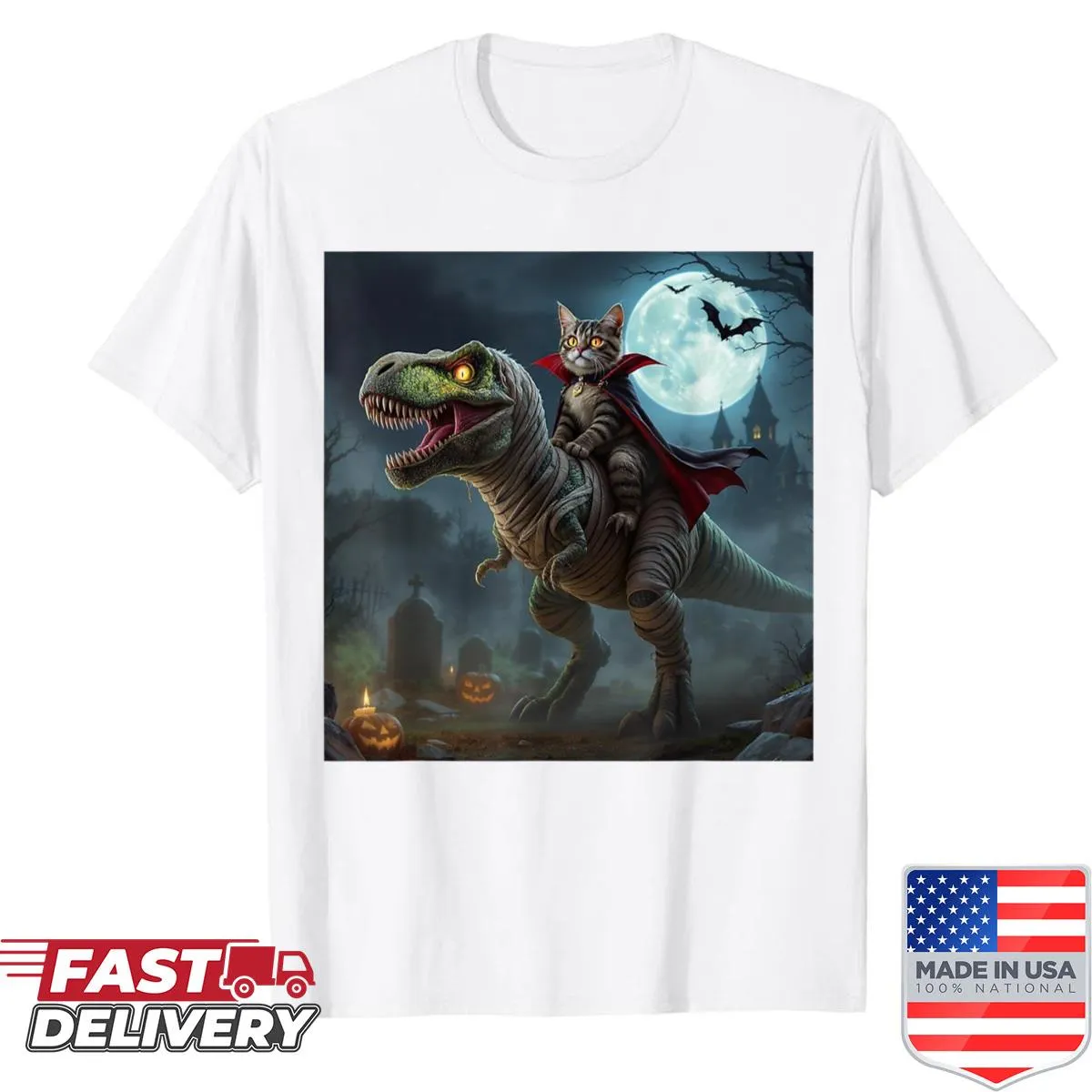 Cat vampire on T-rex graphic Halloween meme shirt