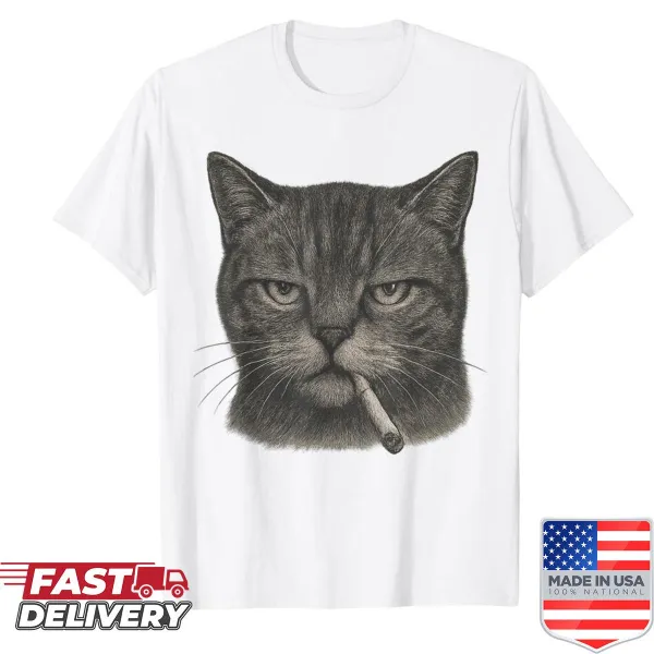 Sarcastic meme shirt featuring a cat with a cigarette