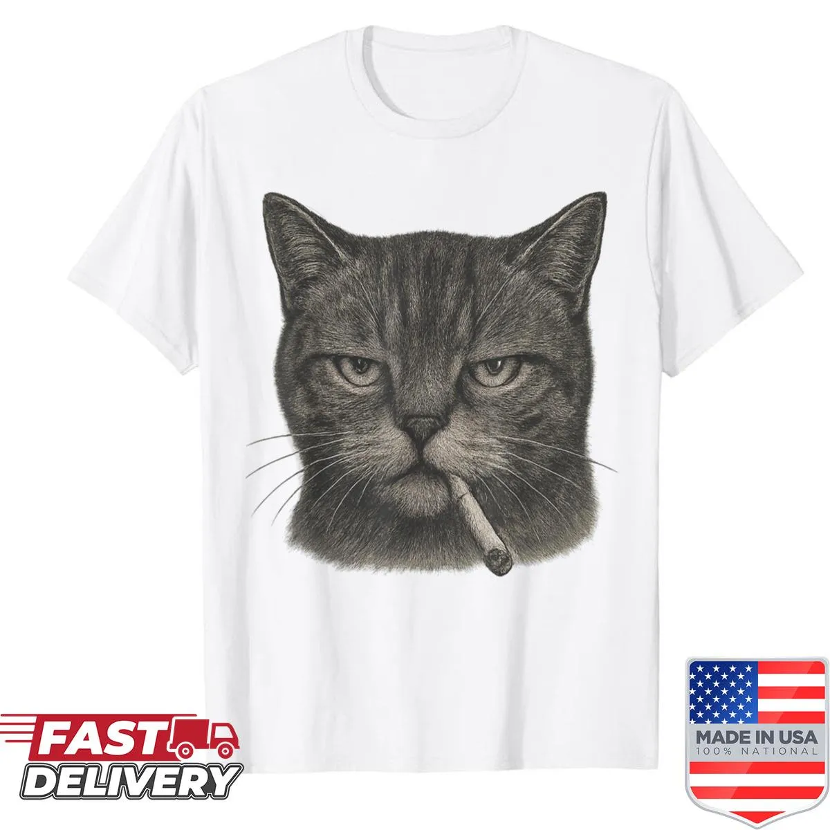 Sarcastic meme shirt featuring a cat with a cigarette