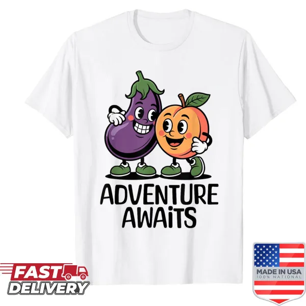 Humorous eggplant and peach design on an adult meme shirt