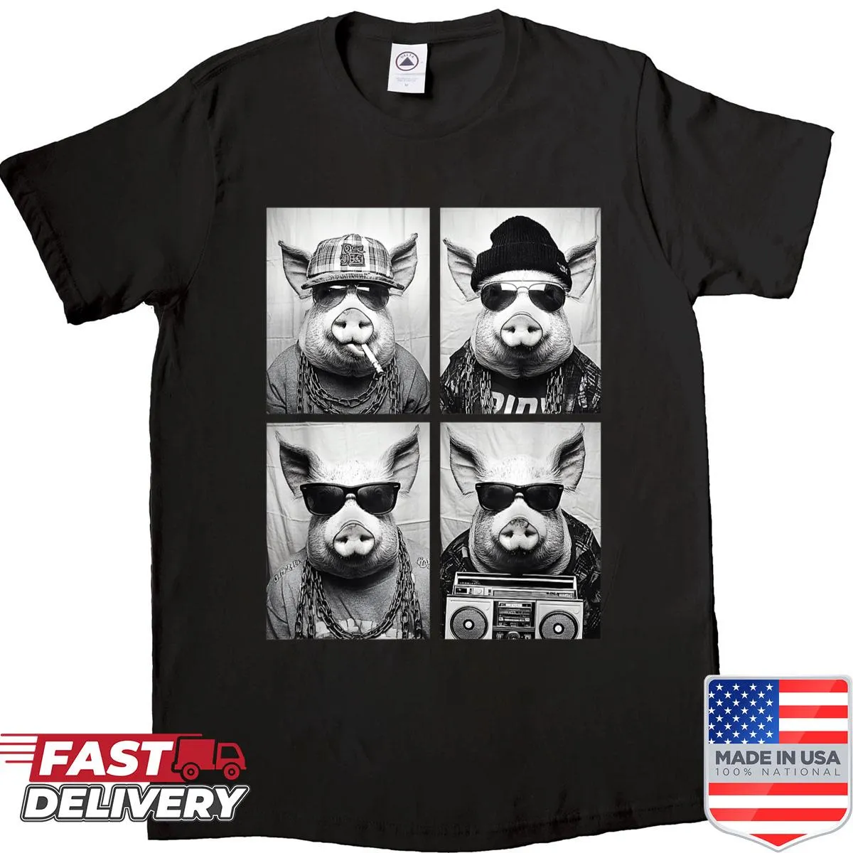 Illustrated gangster pigs in hip-hop style on a t-shirt.