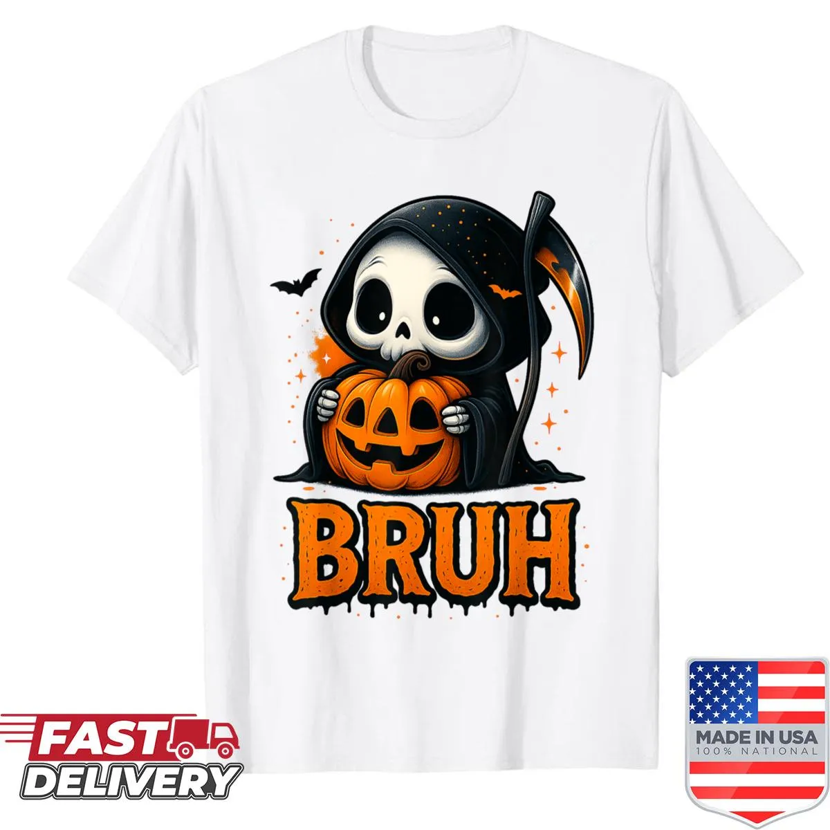 Cartoon Halloween shirt featuring a funny grim reaper and pumpkin design