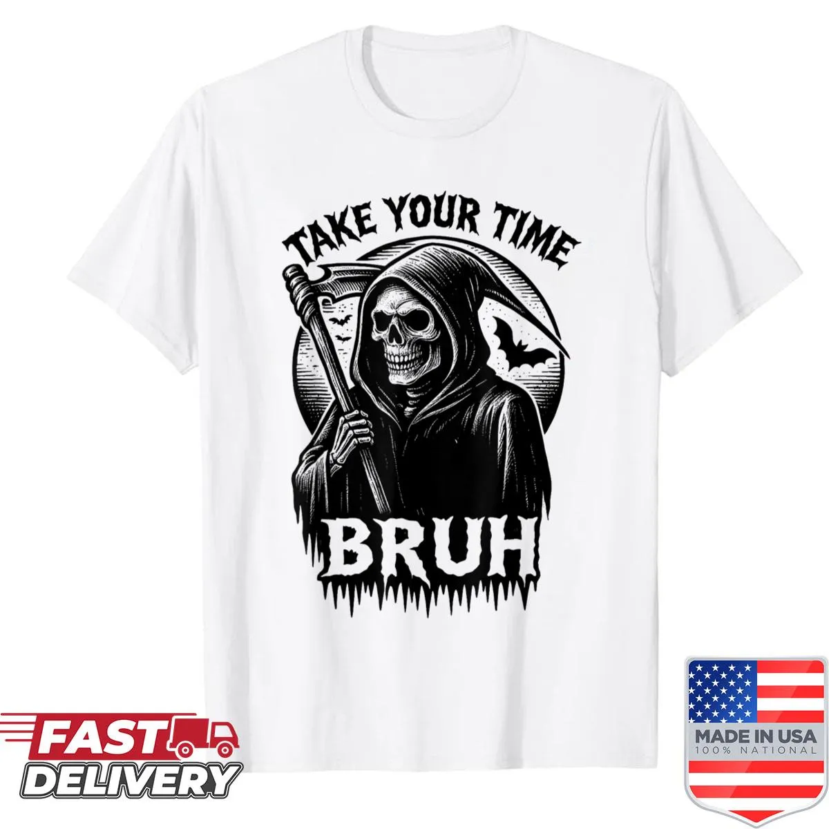 Humorous Grim Reaper graphic with text on t-shirt