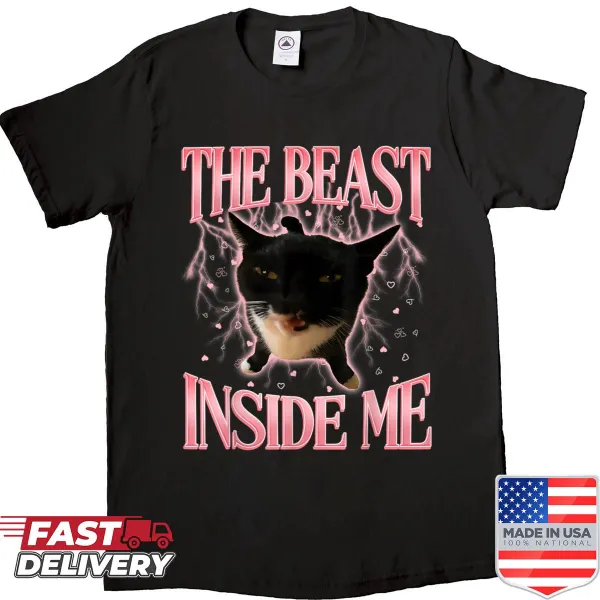 Humorous shirt featuring text about the beast inside every cat owner.