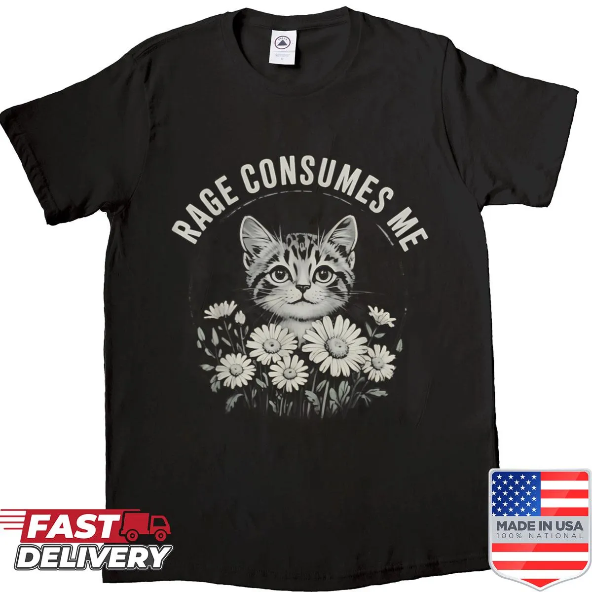 Funny cat shirt featuring meme text about rage and kitties.