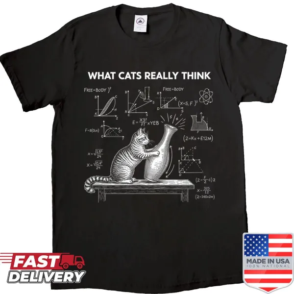 Humorous cat physics shirt with cartoon design