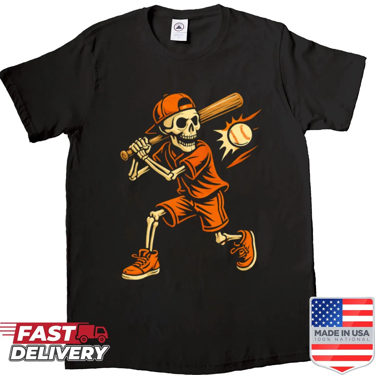 Funny skeleton baseball player batting design on a shirt