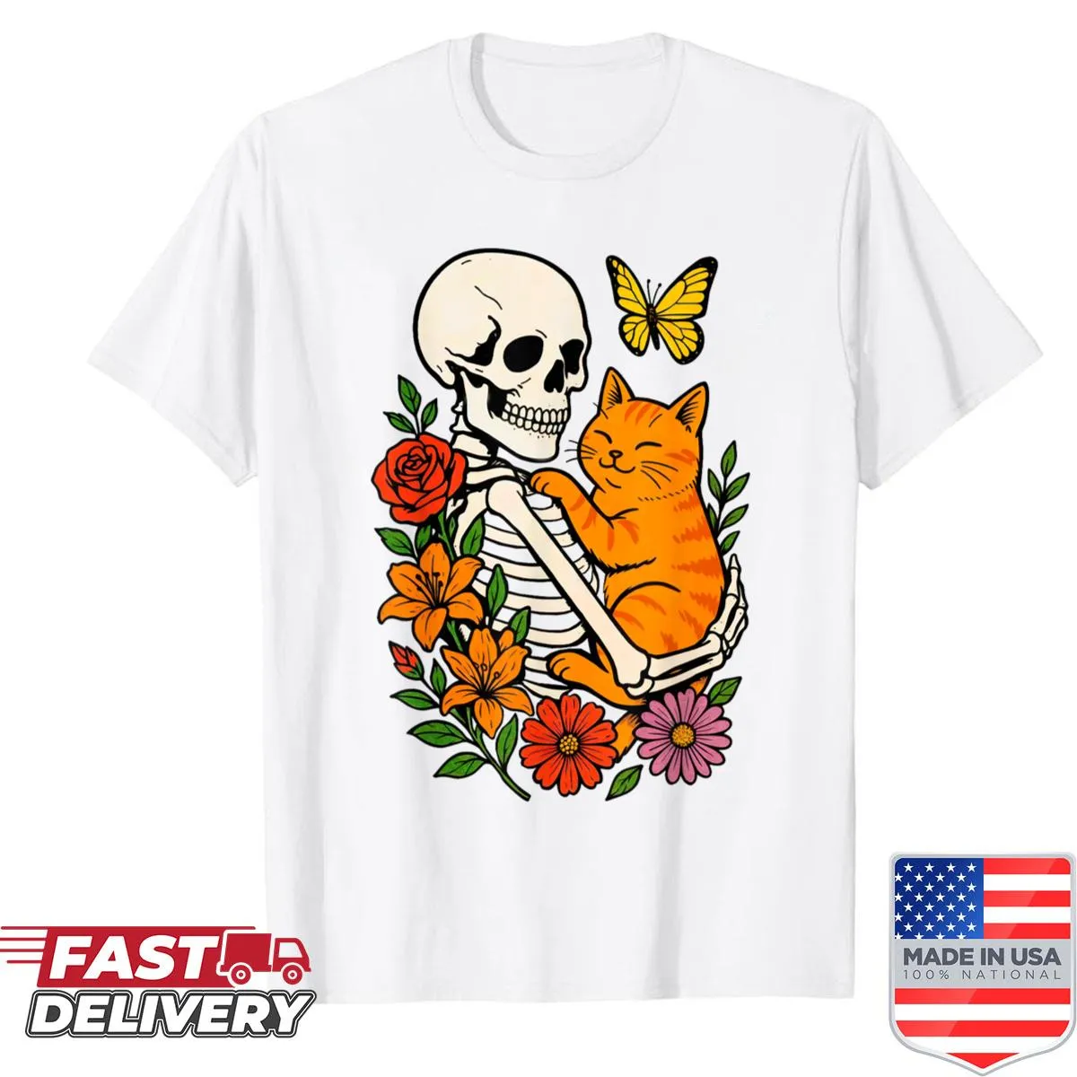 Halloween shirt featuring a skeleton hugging a cat with floral designs
