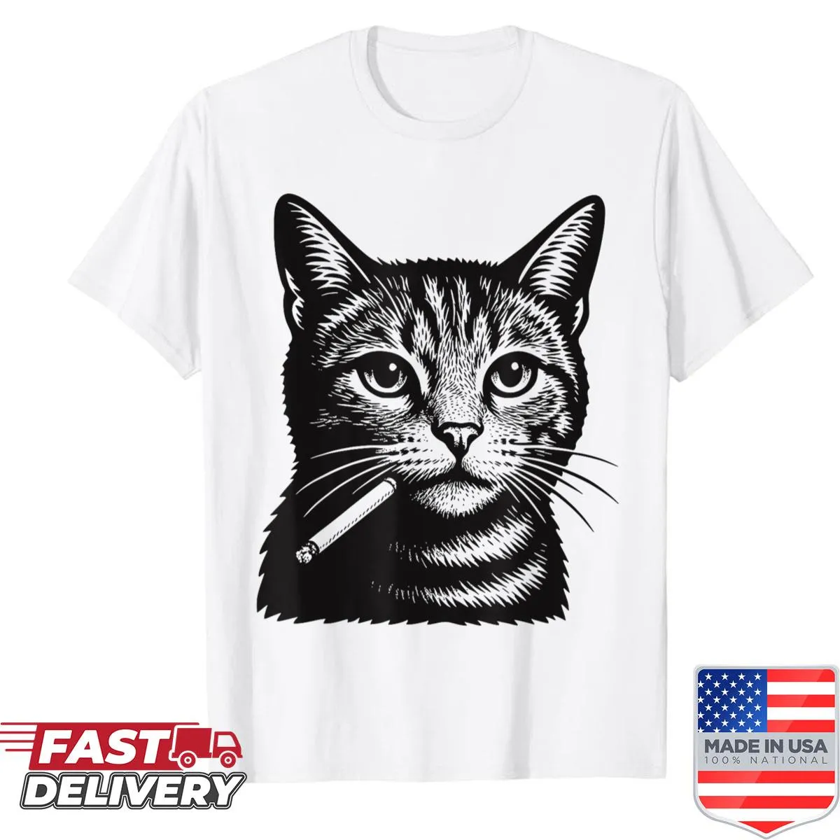Cartoon smoking cat graphic on a humorous meme shirt