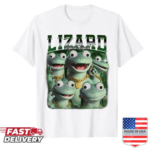 Funny lizard graphic with meme text, playful design