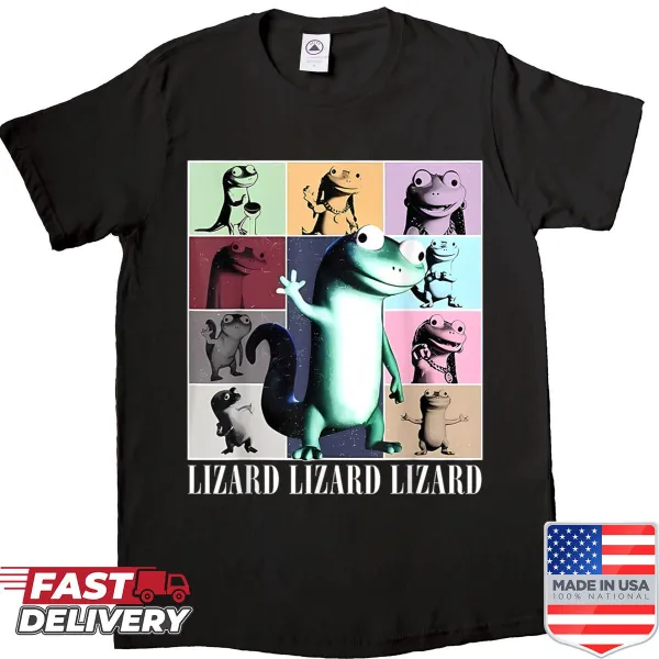 Cartoon-style lizard meme T-shirt featuring a humorous pattern
