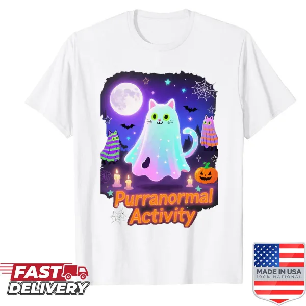 Illustration of a playful ghost cat on a shirt for cat lovers
