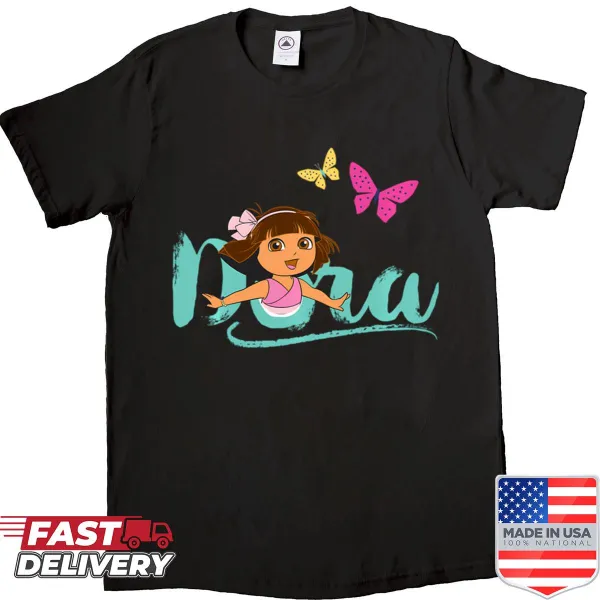Cute girl and monkey explorer cartoon graphic on a kids' shirt.