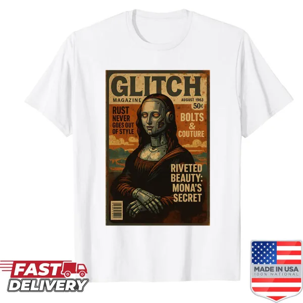 Oversized retro sci-fi shirt with a robot Mona Lisa illustration