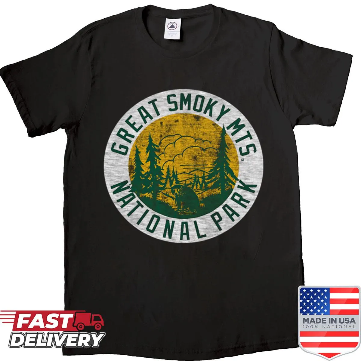 Vintage-inspired T-shirt featuring pine trees and Great Smoky Mountains design.