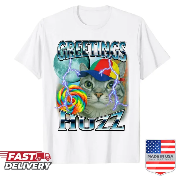 Funny cat meme design with the phrase Greetings Huzz