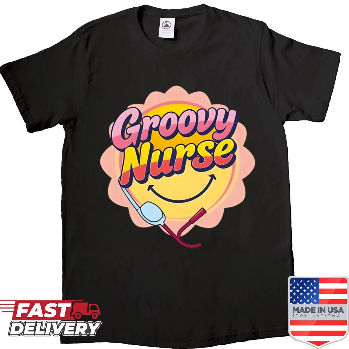 Retro-style nurse shirt with playful graphics and fitted scoop design