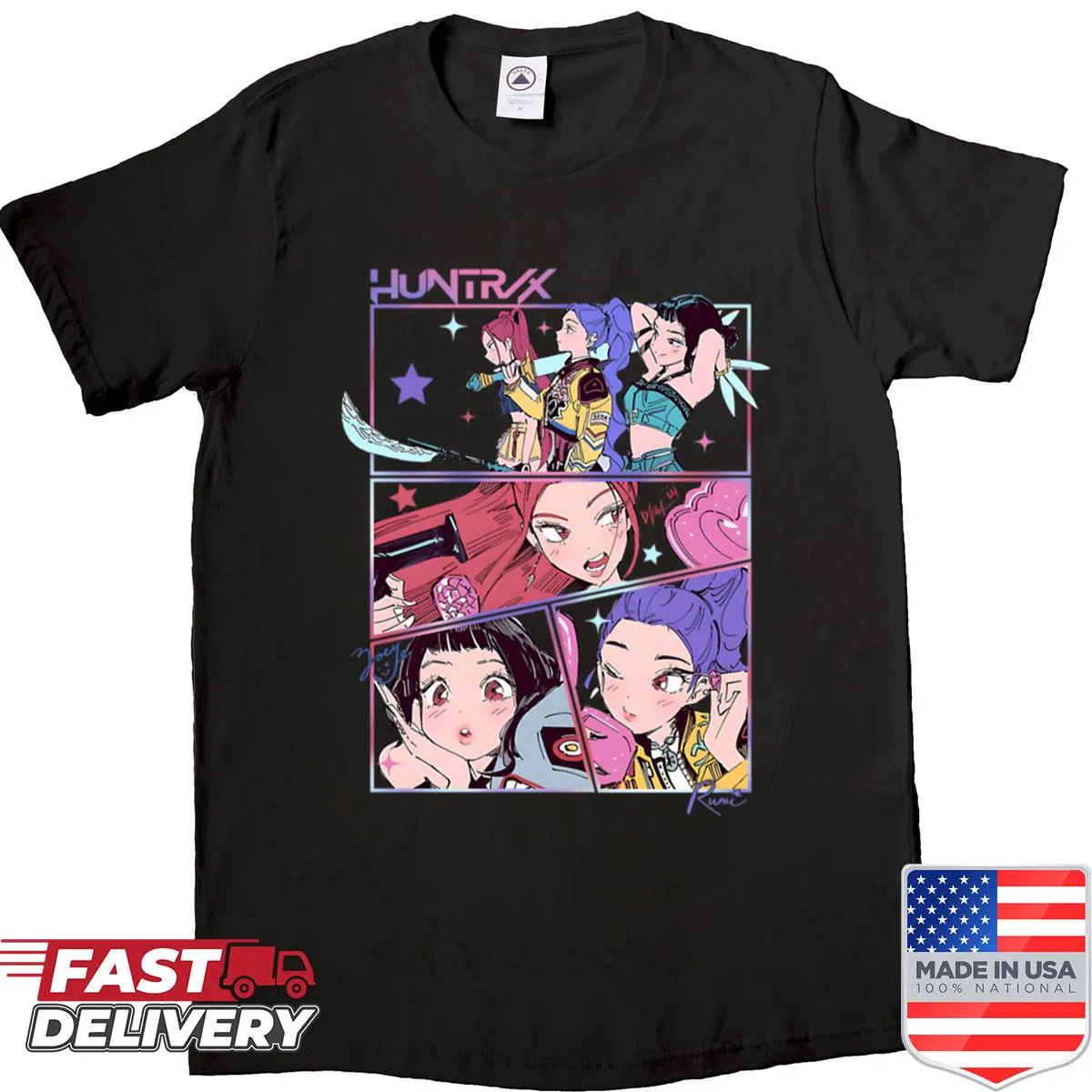 Cartoon-style graphic of Kpop girl team and demon hunter theme
