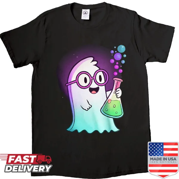 Funny Halloween shirt with chemistry-themed illustrations and Boo text