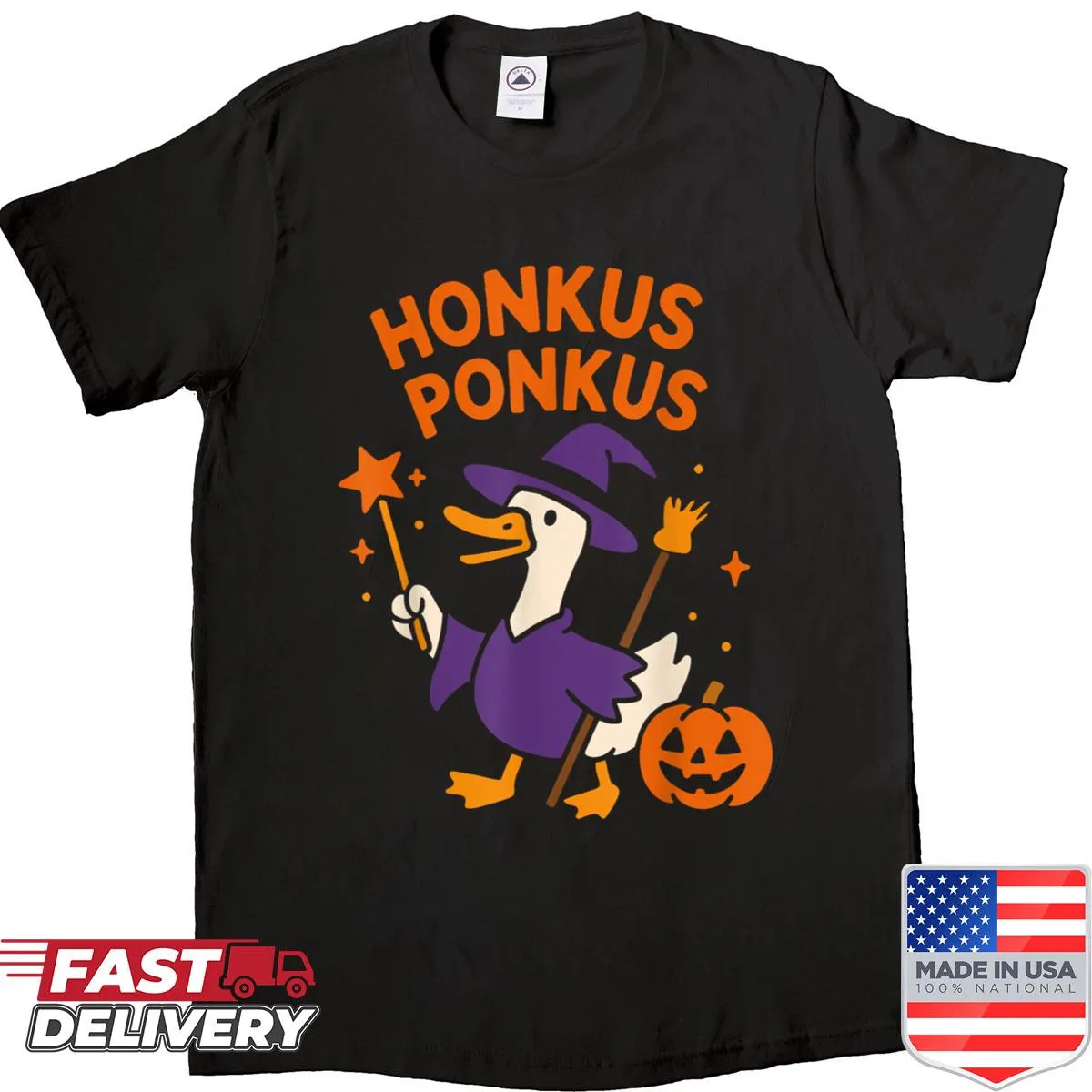 Funny Halloween shirt featuring a goose character with witch magic.