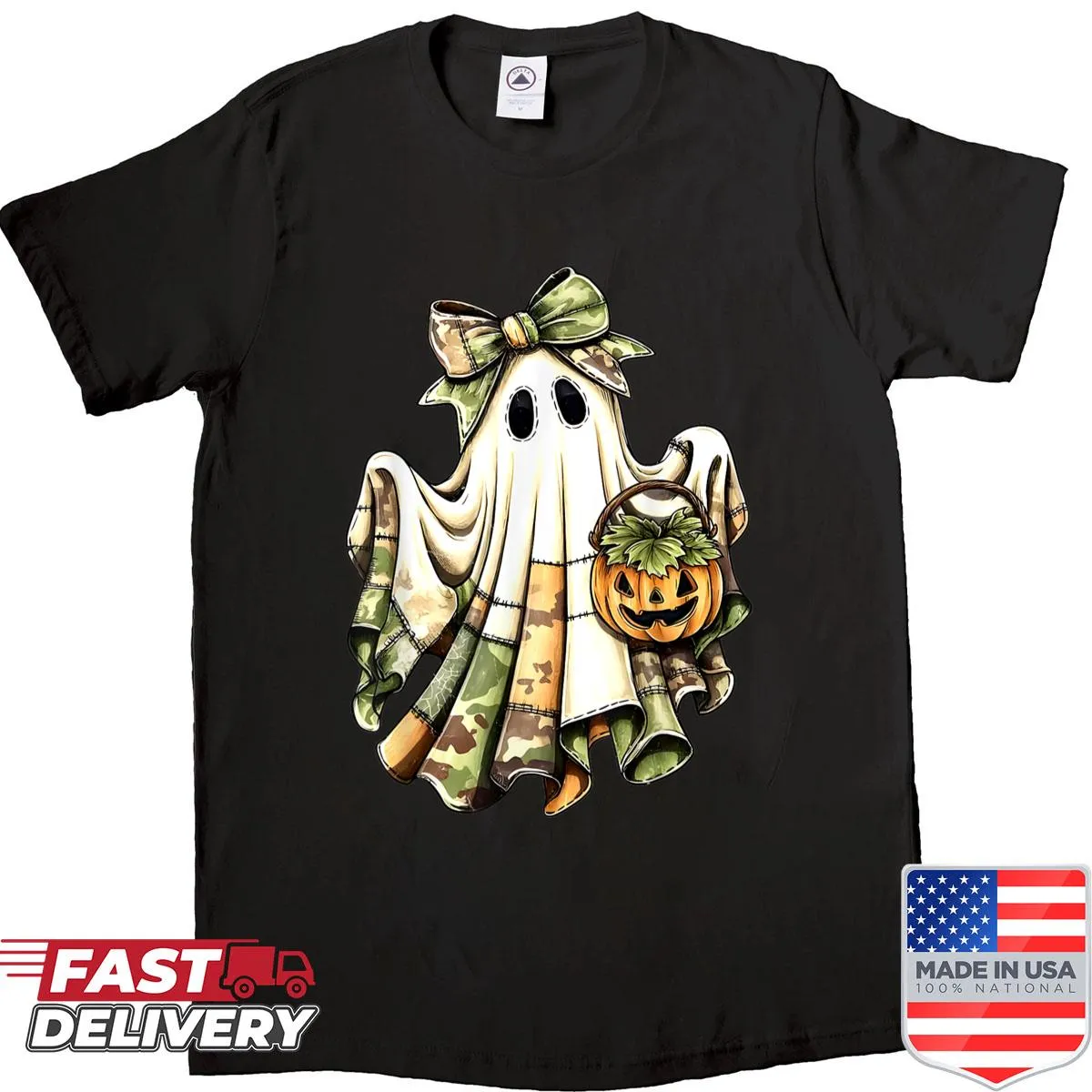 Halloween shirt with ghost illustrations on green camouflage