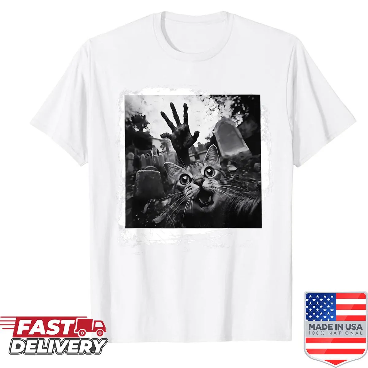 Funny Halloween shirt featuring a zombie cat taking a selfie