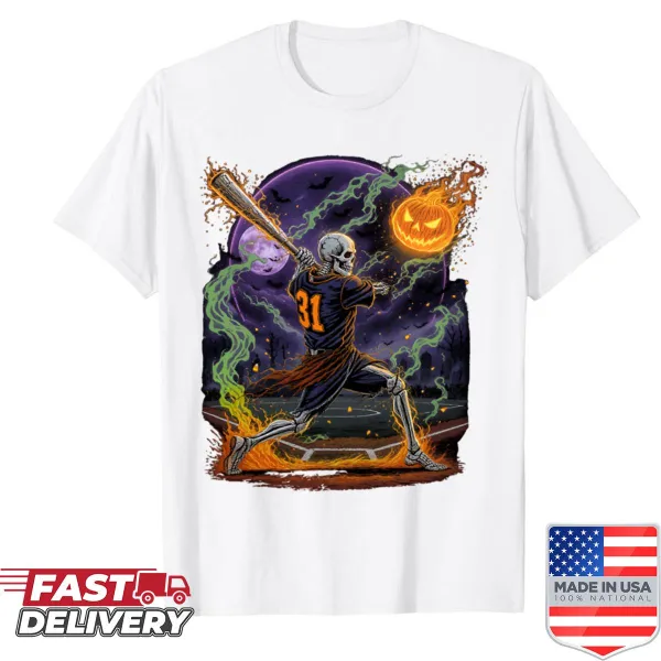 Halloween-themed shirt with a skeleton batting a baseball