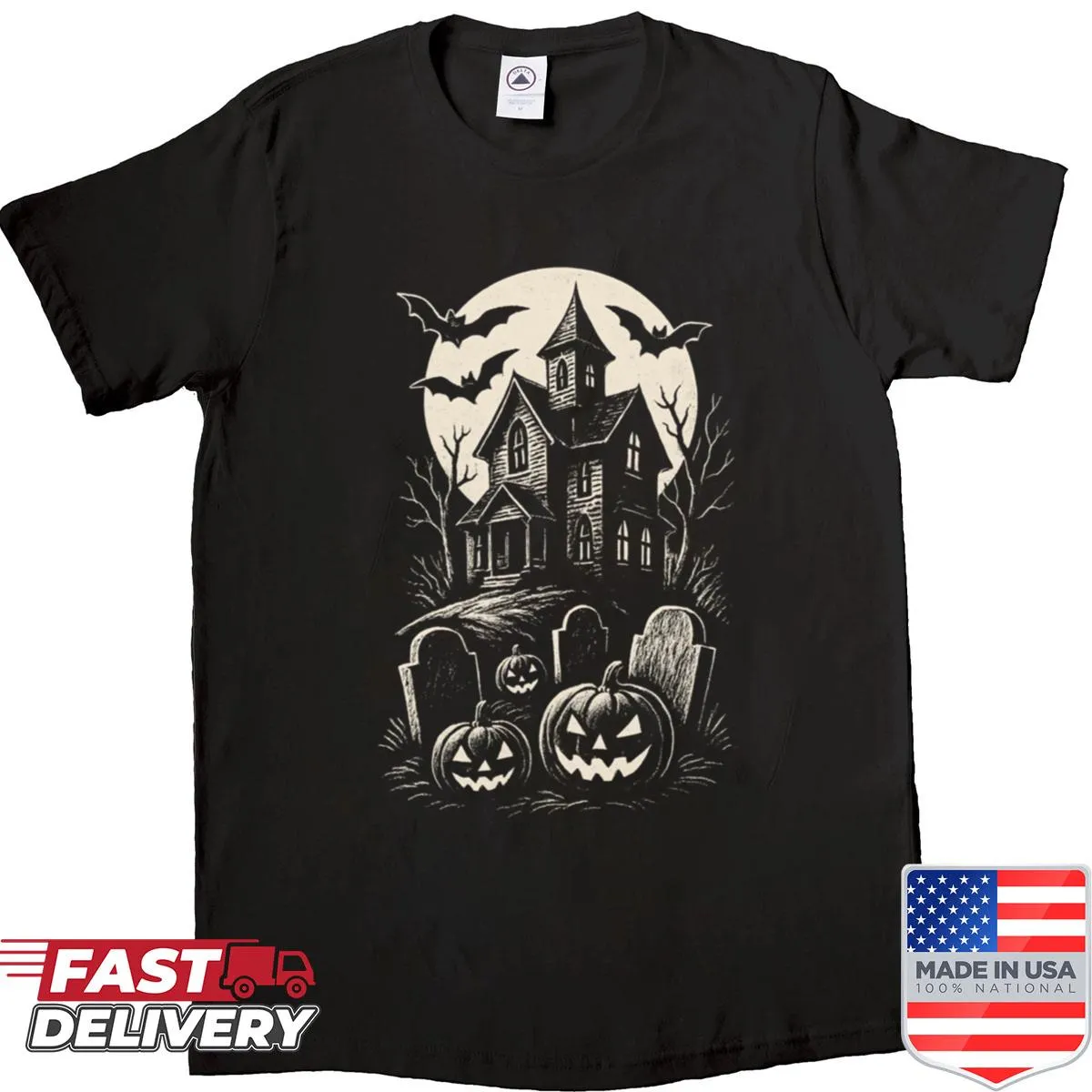Haunted house graphic with pumpkins and bats on a T-shirt