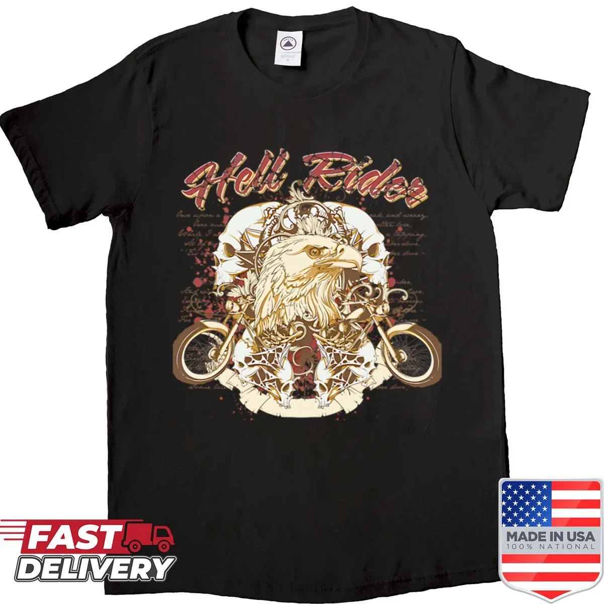 Biker design oversized T-shirt with eagle and skull art