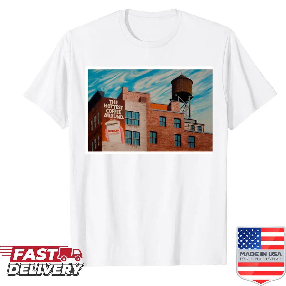 Illustration of coffee and NYC skyline on oversized shirt