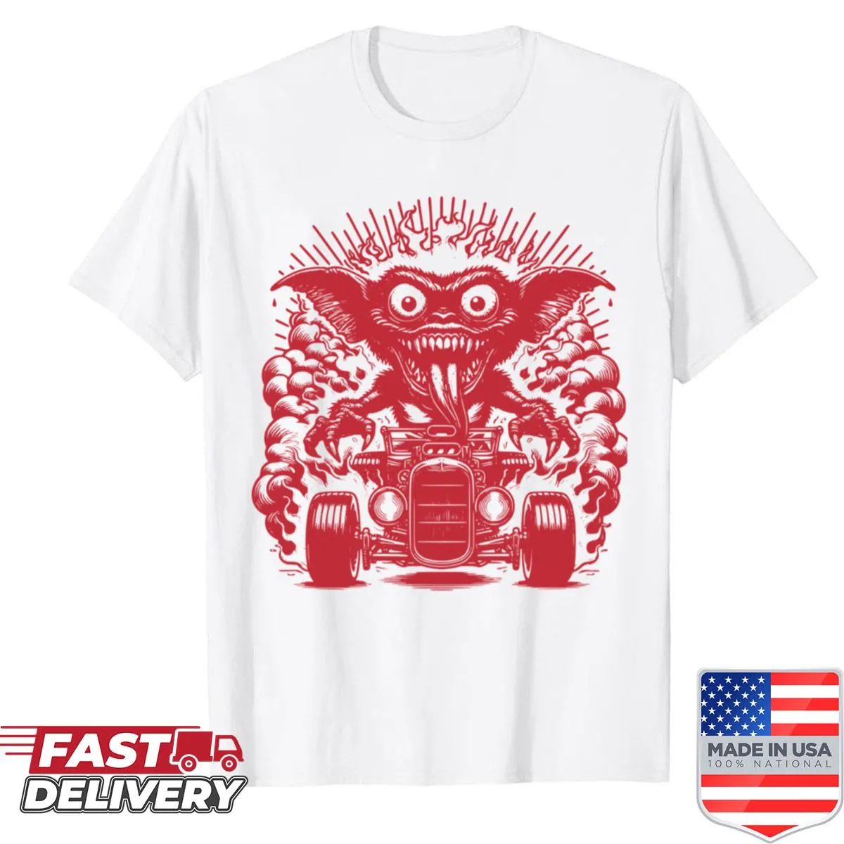 Cartoon Gremlin hot rod graphic on a t-shirt