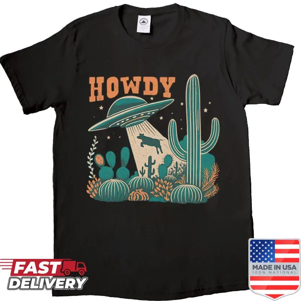 Illustrated shirt featuring a cowboy and UFO, merging western and sci-fi themes.