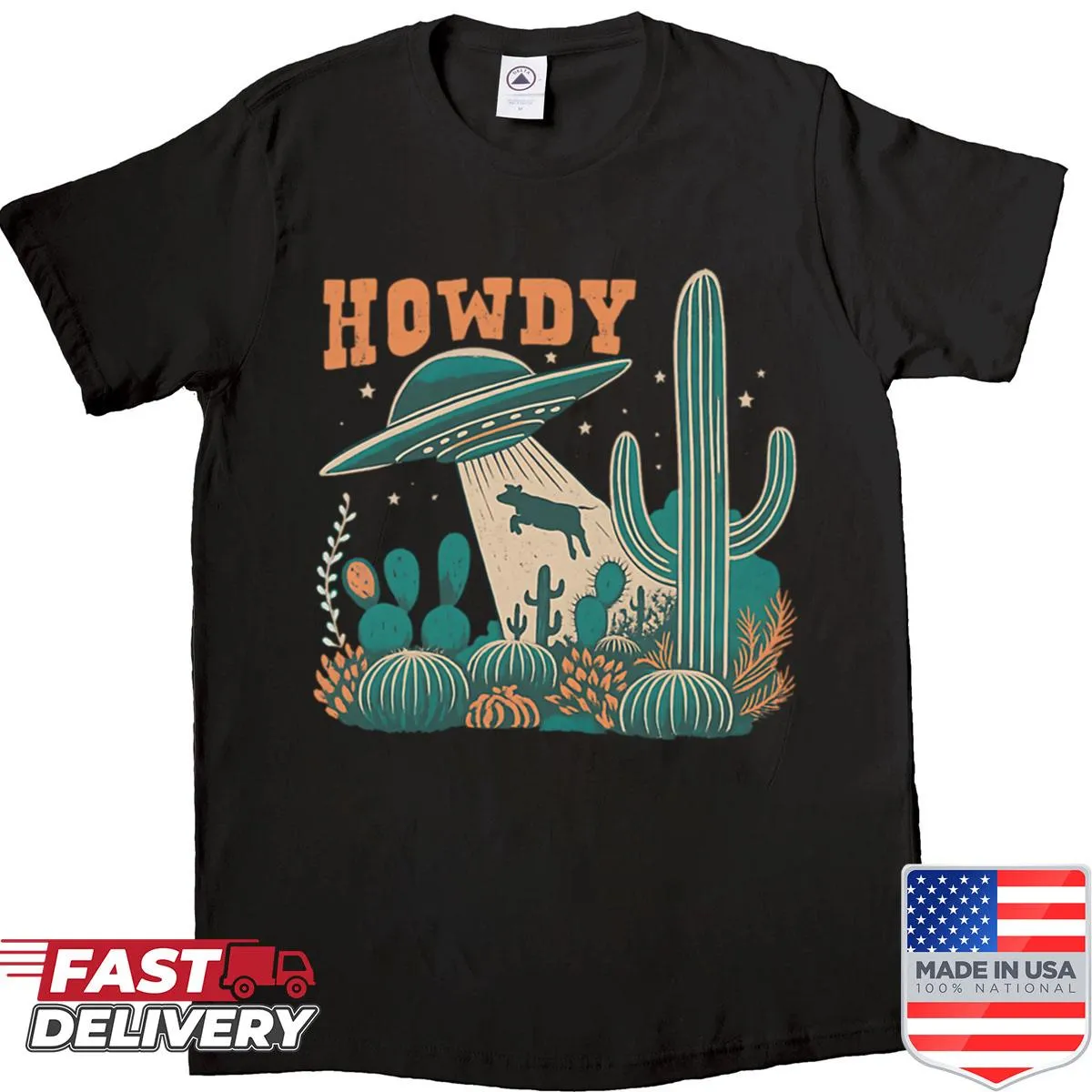 Illustrated shirt featuring a cowboy and UFO, merging western and sci-fi themes.
