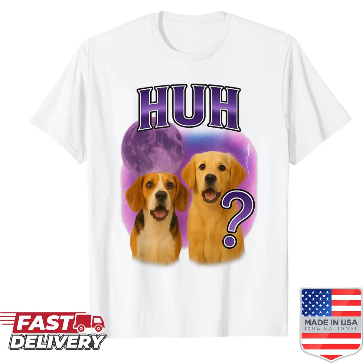 Cartoon of a confused chonky dog on humorous shirt