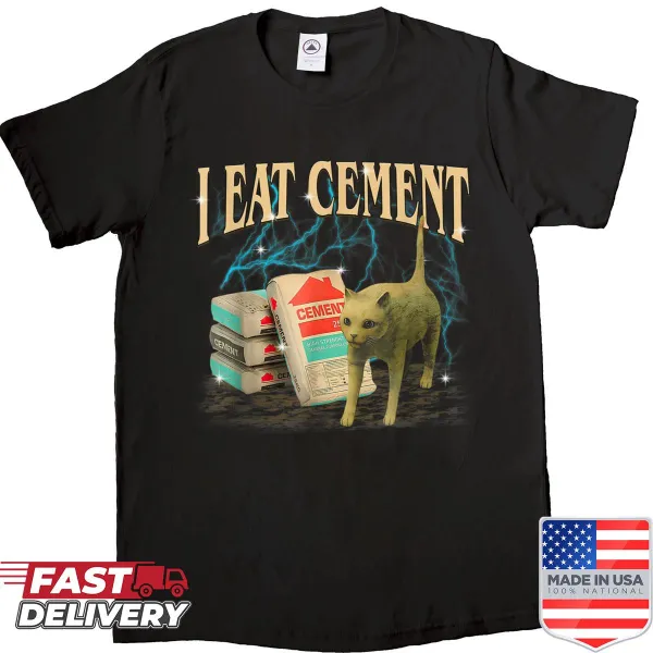 Retro-style shirt featuring a cat graphic and humorous text
