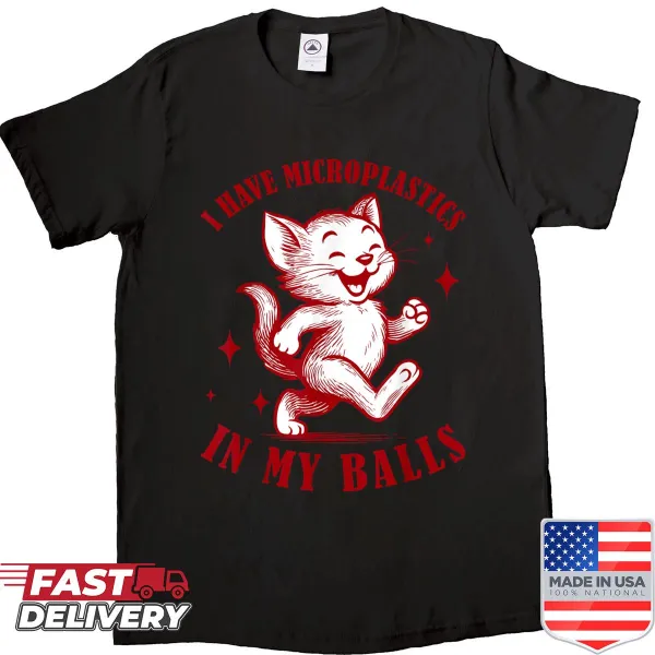 Funny shirt featuring a cat meme about microplastics