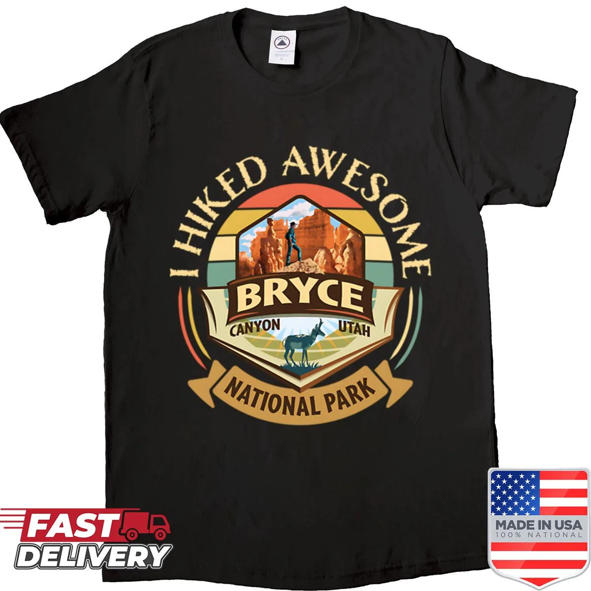 Retro shirt featuring pronghorns and Bryce Canyon scenery
