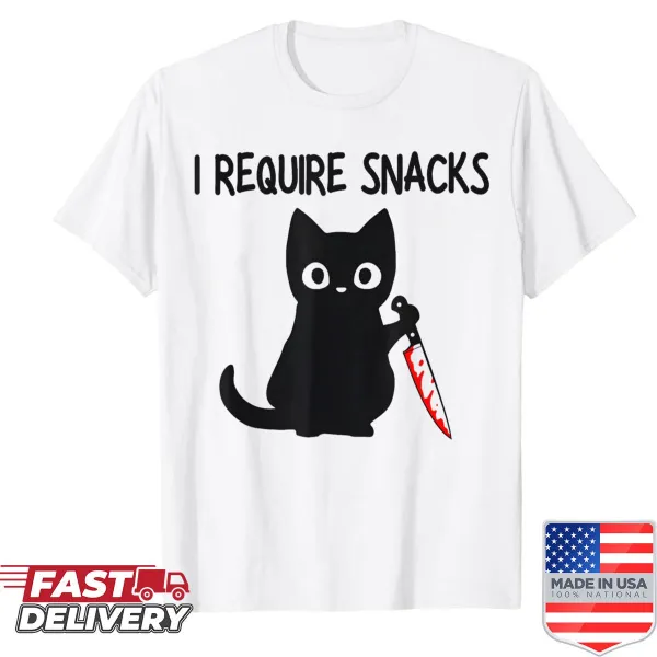 Funny black cat meme t-shirt featuring a cat with a knife and text
